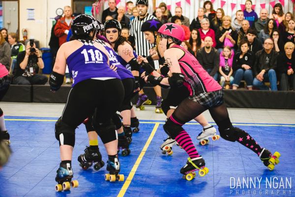 The Pink Pistols' I'llah Smashya jams against CarnEvil on March 14, 2015 at Shoreline Derby Center.